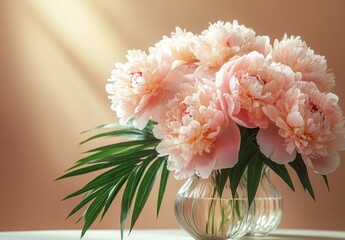 Beautiful Pink Peony Bouquet in a Clear Glass Vase on a Soft Pastel Background
