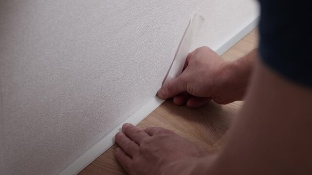 Hands apply masking tape along a baseboard on laminate flooring to protect the edge before painting.