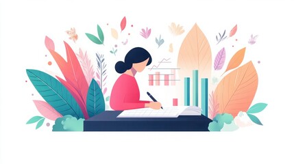 Young Woman Engaged in Creative Work with Charts and Floral Elements in a Bright and Colorful Illustration