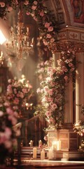 Ornate church altar adorned with abundant pink roses, bathed in warm light, with a decorative chandelier