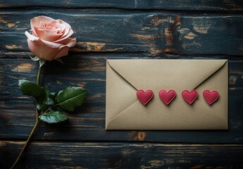 Romantic Letter with Hearts and Pink Rose on Rustic Wooden Background for Love and Valentine's Day Celebrations