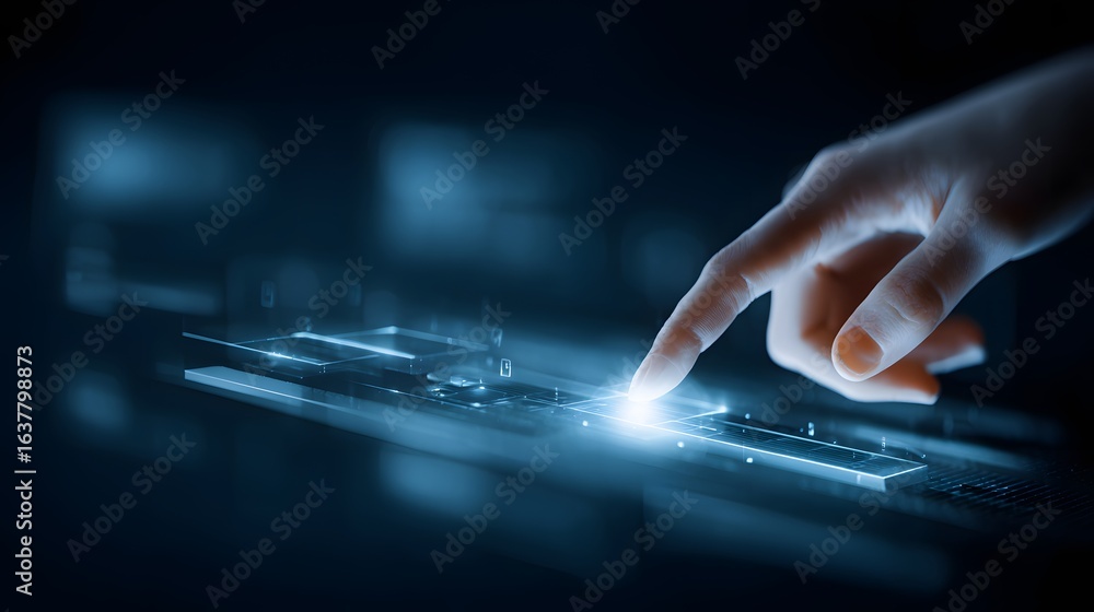 Poster close-up of a hand interacting with a futuristic interface.