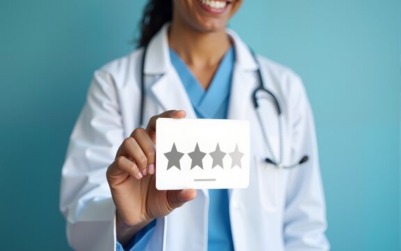 Medical rating interface with doctor assessing service quality. Perfect for keywords like healthcare, patient review, technology, app, and evaluation form. High quality