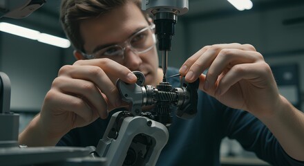Focused Technician Assembling Robotic Component In Industrial Setting