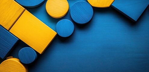 Colorful geometric shapes in blue and yellow arrangement on a vibrant background, ideal for creative and playful designs.