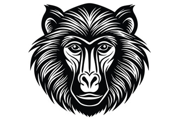 Bold black and white baboon face stares ahead with stylized fur design
