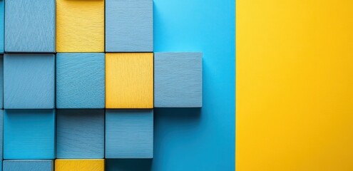 Colorful Wooden Blocks Arrangement on Blue and Yellow Background for Creative Projects and Educational Purposes