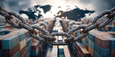 Large rusted chain stretches across landscape of shipping containers, symbolizing interconnectedness of global trade and supply chains. world map in background emphasizes international commerce