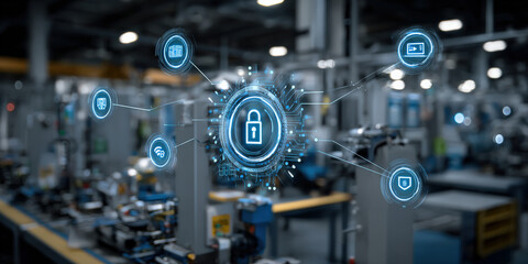 Digital lock icon with network connections in factory setting, representing cybersecurity in industrial automation and Internet of Things