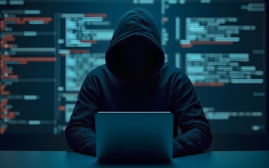 Cybersecurity hacker in dark hoodie with laptop and virtual data. Cybercrime concept of illegal anonymous internet criminal activity and privacy breach, system network technology. High quality