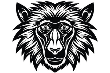 A stylized black tribal baboon head stare down faces forward in a symmetrical design
