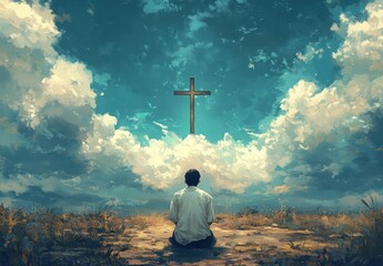 Serene Man Meditating Under Brilliant Sky with Cross Symbolizing Faith and Spiritual Reflection in Nature