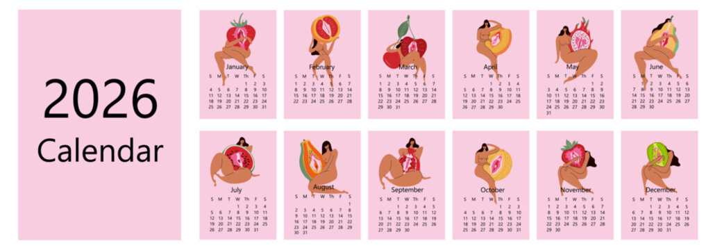 Contemporary Art Calendar 2026 with Women and Fruit Designs