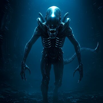 Menacing Alien Creature Emerging from the Depths in Eerie Blue Light