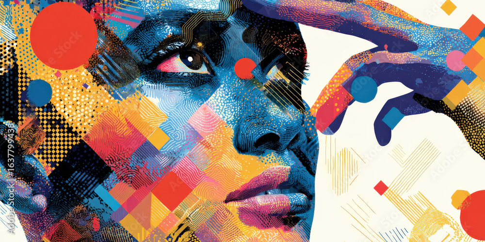 Poster vibrant digital artwork features close up of person face with colorful geometric overlay, symbolizin