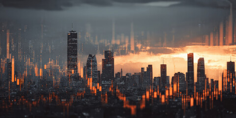 Digital stock ticker display overlays city skyline sunset, creating dynamic and futuristic atmosphere. glowing orange and red lights of ticker contrast with darkening sky, symbolizing financial