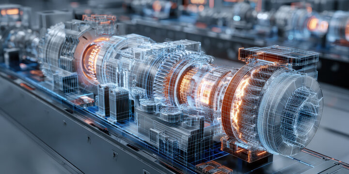 Digital twin technology illustration showcases real time simulation of industrial machine, highlighting intricate details and glowing elements. futuristic design emphasizes innovation