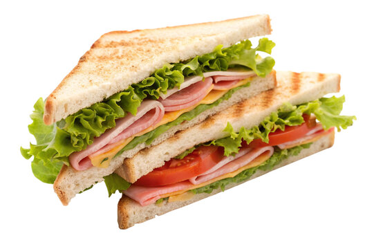 Delicious ham and cheese club sandwich slices with lettuce and tomato isolated on transparent background