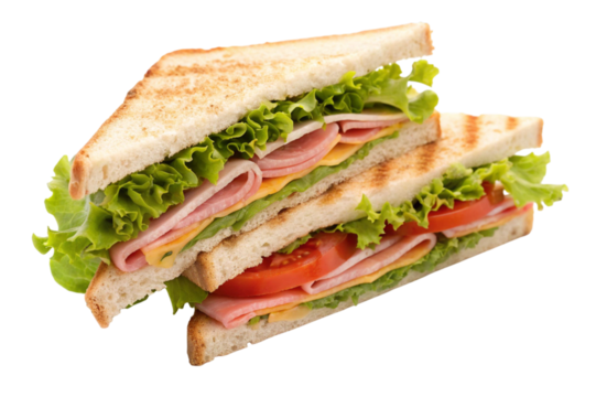 Delicious ham and cheese club sandwich slices with lettuce and tomato isolated on transparent background