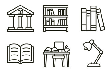 Fototapeta premium Library and study icons: books, shelves, desk, lamp with minimalist design