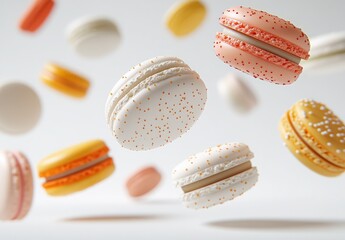 Colorful Macarons Flying in the Air Against a Light Background with Sprinkles and Vivid Texture
