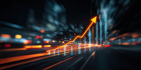 Glowing orange arrow rises sharply against blurred cityscape, symbolizing economic growth and progress. dynamic image conveys sense of speed and advancement