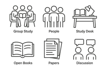Educational icons illustrating study groups, study desks, open books, papers, and discussions
