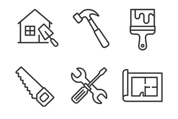 Obraz premium Home improvement tools icons: hammer, paintbrush, saw, blueprint, toolkit, construction