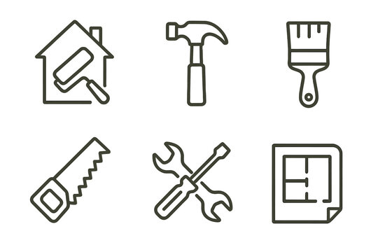 Simple line art of construction tools and symbols for home renovation