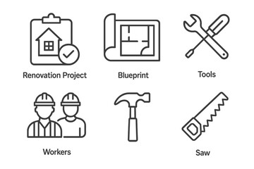Home renovation tools and blueprint icons for construction projects