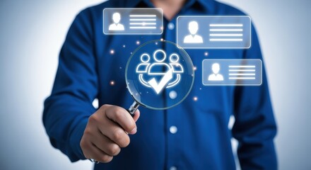 Talent Acquisition: Person Holding Magnifying Glass Over Digital Profiles in Recruitment Process