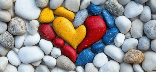 Colorful Heart Design Crafted from Vibrant Pebbles and Smooth Stones on a White Background