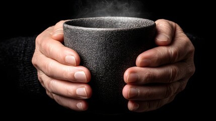 Close-up of hands holding a dark gray mug.