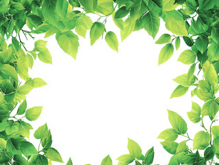 Fototapeta premium A lush frame of vibrant green leaves creates a border on a clean white background. The leaves are of various sizes and are illuminated by a soft, natural light.