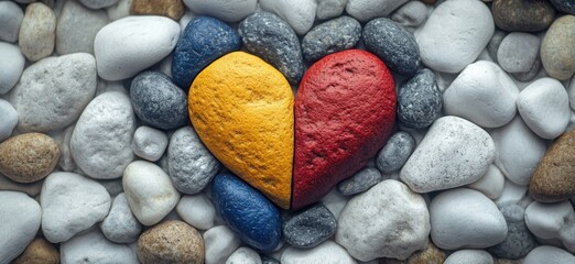 Colorful Heart-Shaped Stone Arrangement on a Variety of Smooth, Light and Dark Pebbles for Artistic Decoration