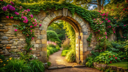 Obraz premium Ancient stone archway leading to secret garden surrounded by greenery