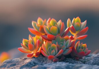 Vibrant Succulent Plants Growing on Rocky Surface in Nature at Sunset with Soft Blurred Background