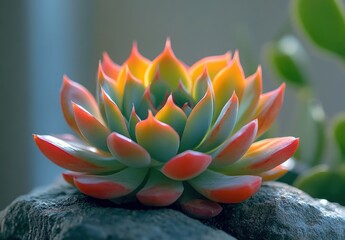 Vibrant Succulent Plant with Colorful Leaves Surrounded by Natural Stones in Soft Light