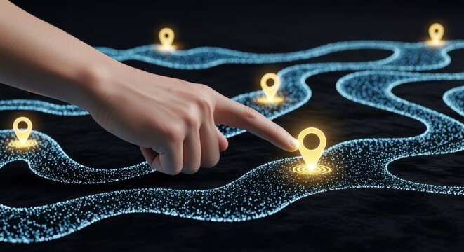 Navigating the Digital Path: Hand Guiding Route with Glowing Pins on a Dark Surface