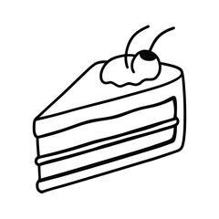 a line art drawing of a piece of cake with cherry