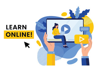 Online Learning:  Modern Flat Design Illustration of Woman Watching Educational Video Tutorial on Tablet and Smartphone.