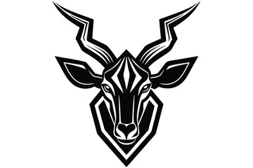 An intricate black and white antelope head features sharp geometric lines and bold shapes