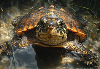Close-up of Colorful Turtle Swimming in Clear Water with Detailed Shell Patterns and Vibrant Features