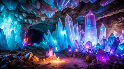 Fototapeta premium Crystal cave glowing with blue and purple minerals in fantasy landscape