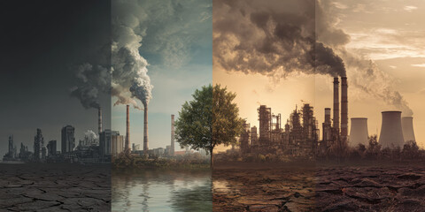 Composite image showing industrial landscapes with factories emitting smoke, highlighting environmental impact and climate change. scene transitions from dry, cracked earth to polluted sky