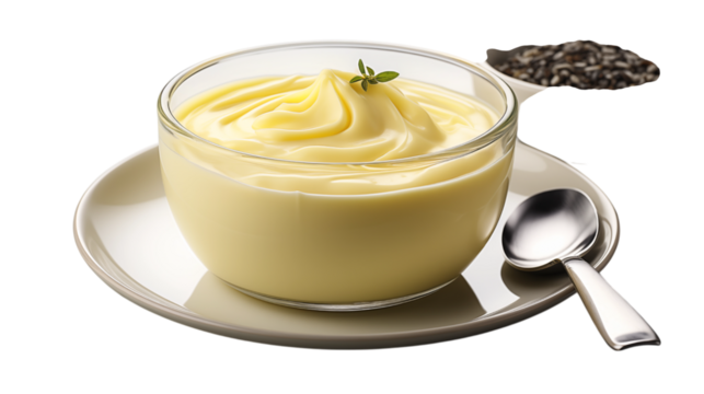 Yellow custard dessert sits in glass bowl with spoon. Soft lighting highlights smooth texture. Perfect for food blog, menu design, culinary presentation.