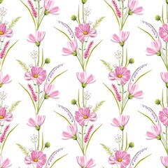 Floral seamless pattern with pink meadow flowers on a white background, watercolor