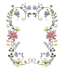 Wreath with watercolor pressed dried flowers and dark green leaves. Isolated on white background