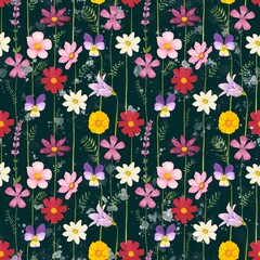 Floral seamless pattern with meadow flowers on a dark background, watercolor
