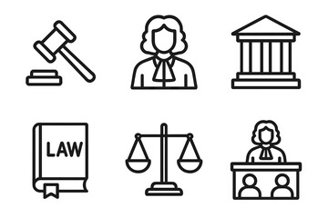 Legal icons set: gavel, judge, courthouse, law book, scales of justice, tribunal